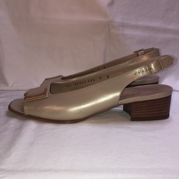 Salvatore Ferragamo “Balzac” Gazella/Gold Satin Finish Calf, 1.5” Heel, Open Toe - Picture 5 of 15